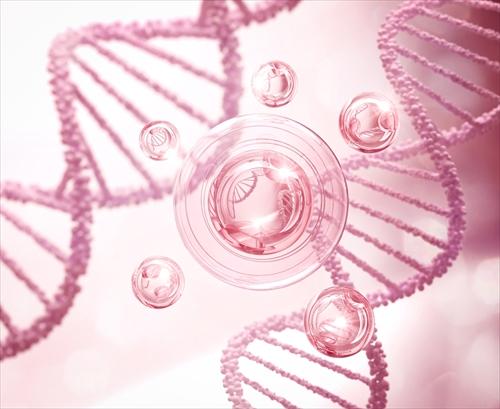 DNAの背景にピンクのコラーゲン血清バブル