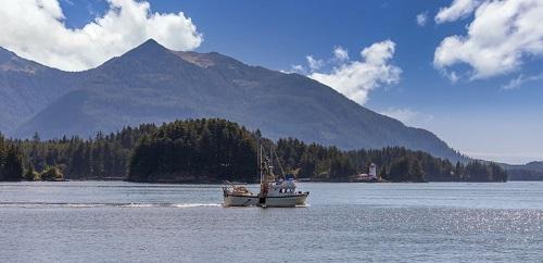 アラスカ州シトカの港を航行する商業漁船のショット