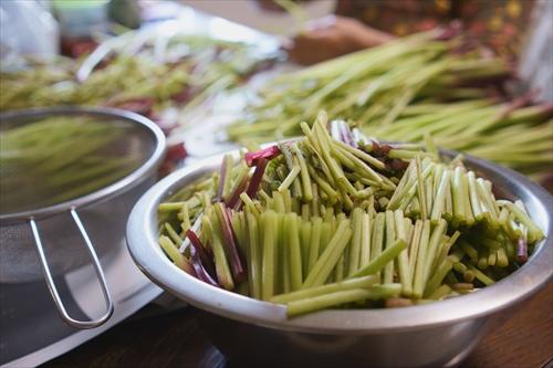 山採りの天然山菜フキを加工しているところ