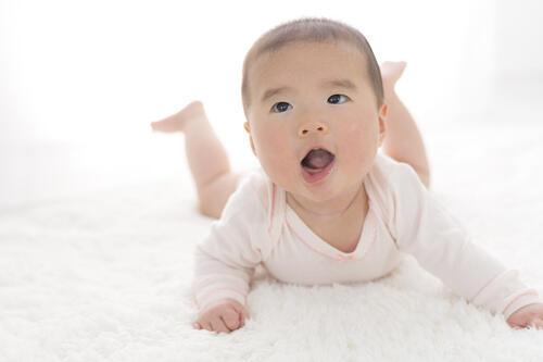 うつ伏せで頭を上げている赤ちゃんの写真