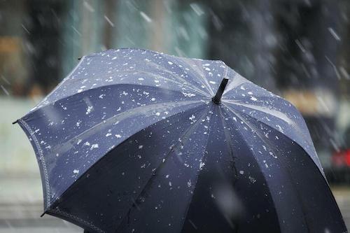 黒い傘に降りかかる雨の写真