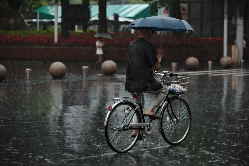 雨の日に傘さし運転をする男性の写真