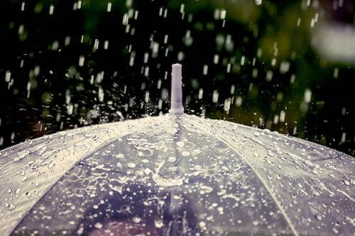 大粒の雨が跳ねるビニール傘の写真