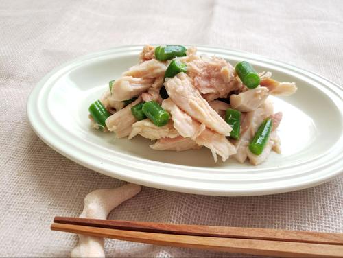 【低糖質サラダチキンとさやいんげんのツナ和え】低糖質でも満足！