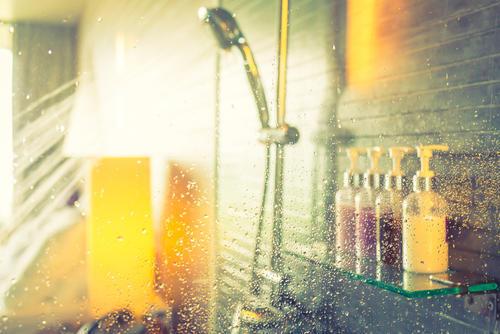 浴室のガラス越しに見えるシャンプーなどのボトルとシャワーの写真